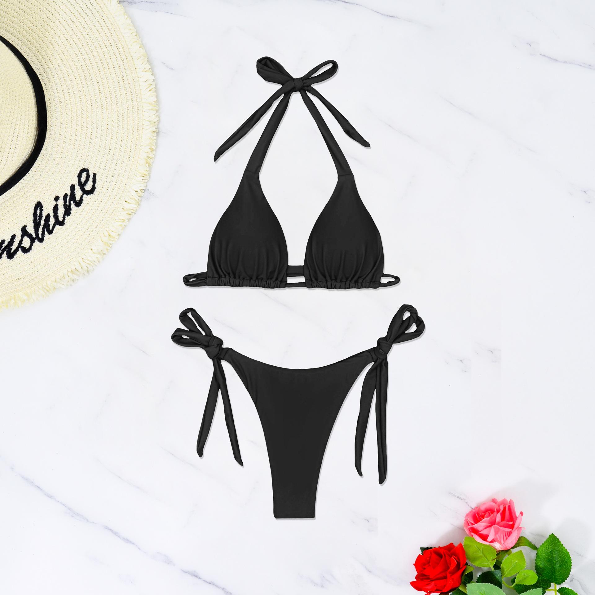 

New bikini solid color neck sexy lace-up split swimsuit women S чёрный