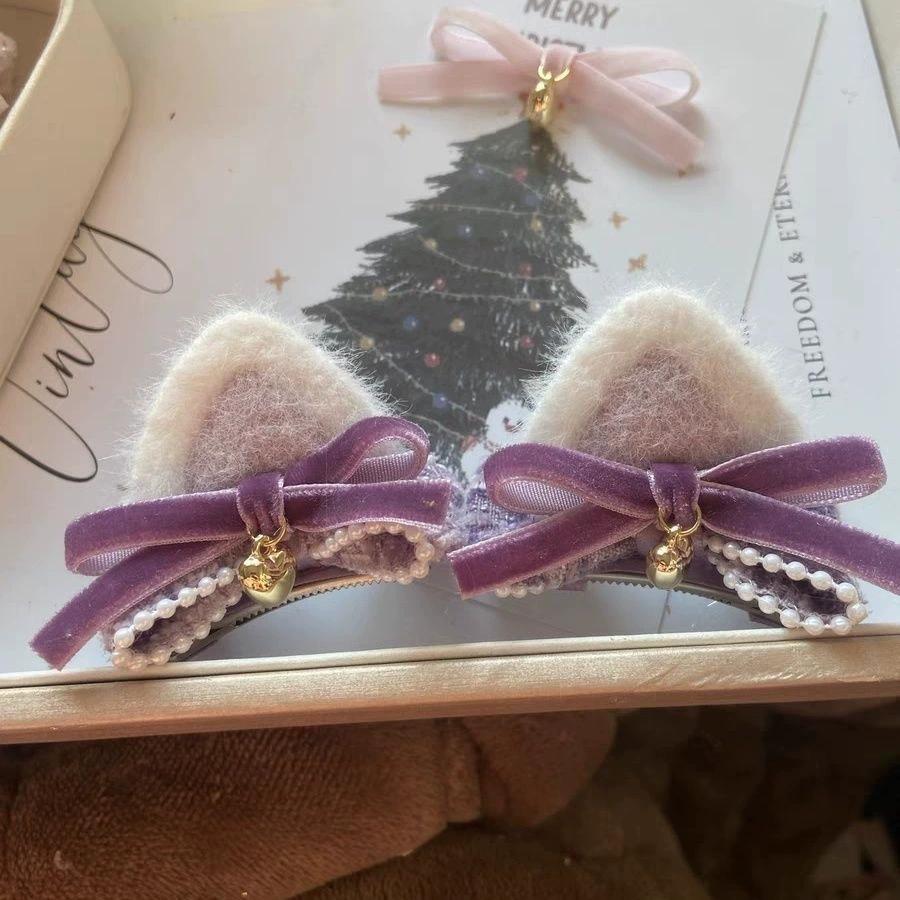 2pcs/set Adorable Cat Ear Bow Hair Clips Set for Kids Girl Sweet Cartoon Fury Hair Pin Gentle Grip for Baby Perfect Gift