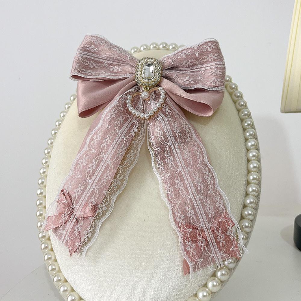Handmade Fabric Lace Bow Brooches for Women Rhinestone Crystal Ribbon Bowknot Shirt Collar Pins Vvintage Jewelry Accessories