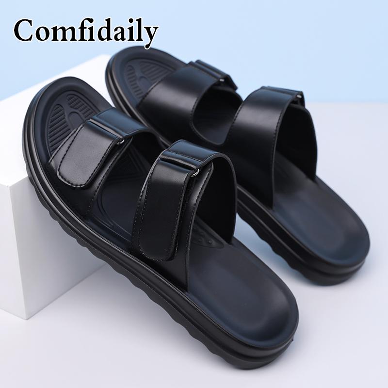 

Men Black Leather Slippers Flats Summer Brown Outdoor Sandals Outdoor White Beach Shoes Over Sized 46 47 48 EU:45 чёрный