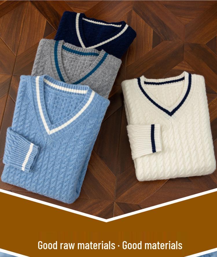 Men's Wool V-Neck Color Block Sweater - Thick Cable Knit for Fall/Winter