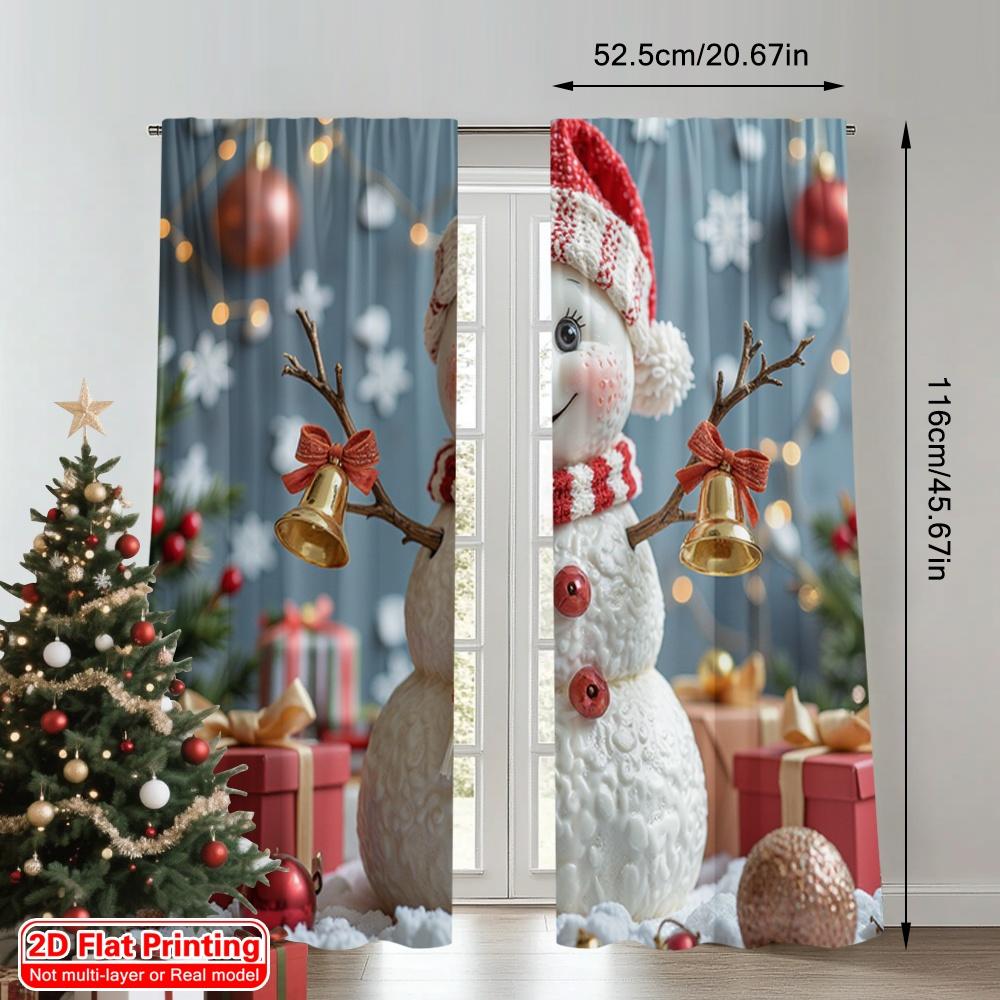 2pcs 2D Flat Printing Merry Christmas Window Curtains Cute Snowman Christmas Bells 100% Polyester Fabric Without Electricity