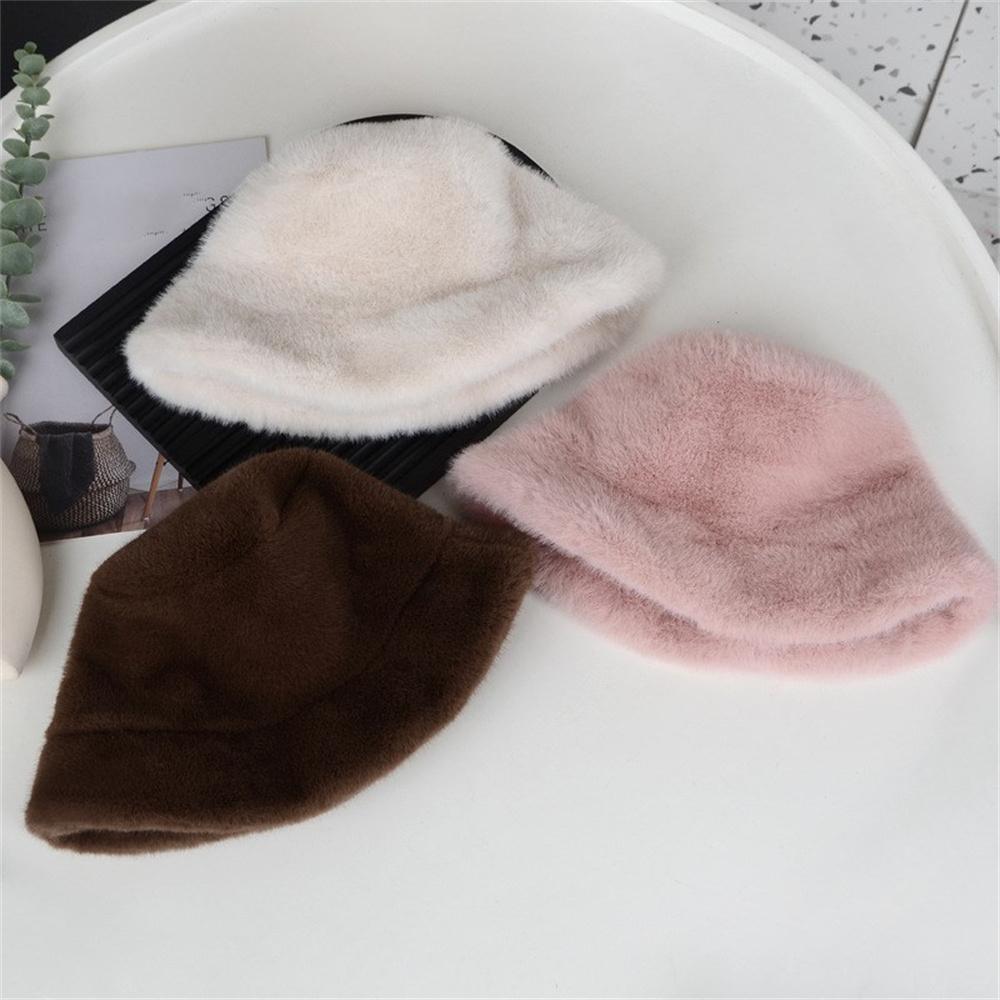 WHITE Faux Fur Fisherman Hats Antumn Winter Thickened Warm Bucket Hat Lady Outdoor Soft Snow Fur Cap Solid Wide Brim Caps
