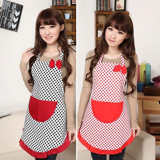 Women Cute BowKnot Dot Aprons Kitchen Restaurant Cafe Bib Cooking With Pocket