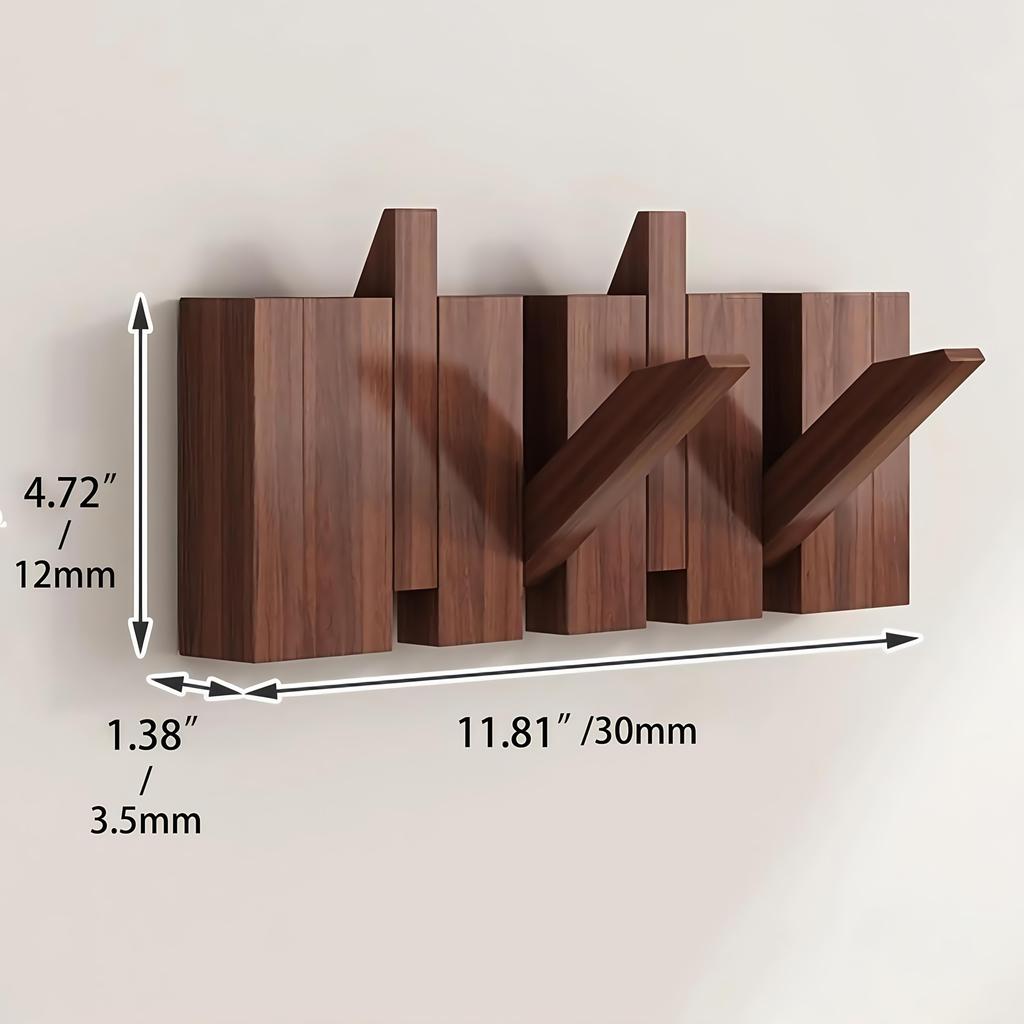 [Wall-Mounted Coat Rack] 1pc Natural Wood Wall-Mounted Coat Rack with Hooks -Piano-Shaped Accordion Design,Walnut Finish,Space-Saving Vertical Storage