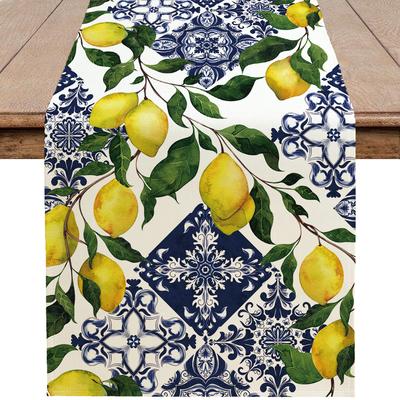 Mantel de Limón Verano Acuarela Limón Azul Blanco Porcelana Tótem Decoración de Mesa Atmósfera Tropical Decoración Tradicional del Hogar