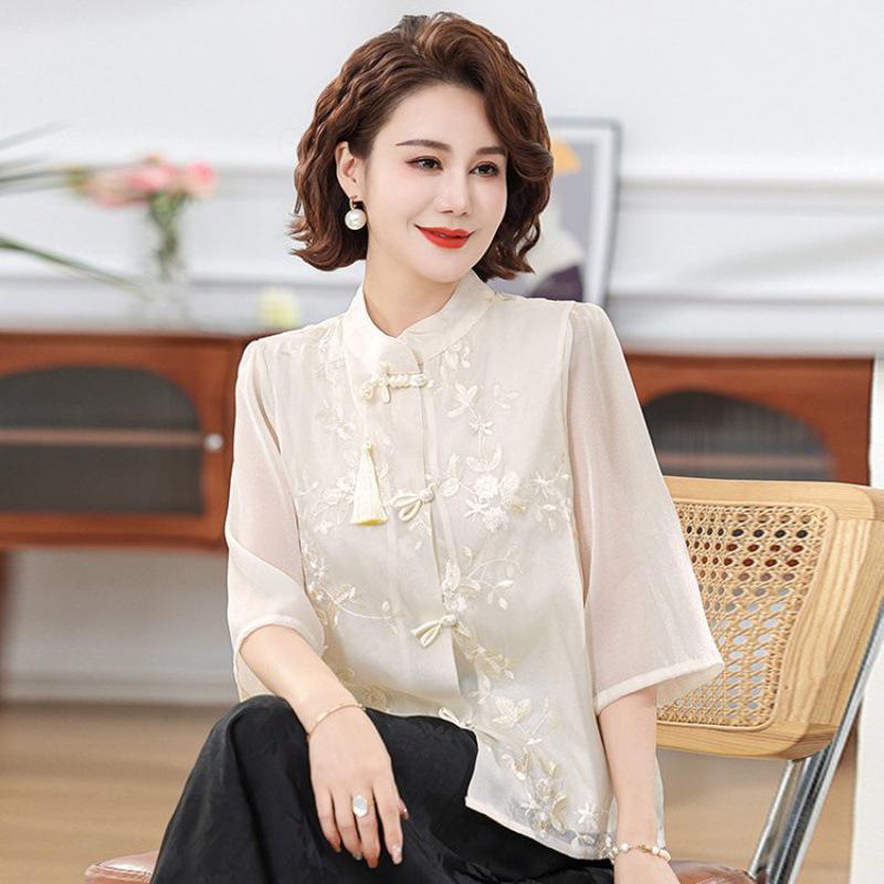 Mom's Summer Embroidered Tassel Stand Collar Chiffon Blouse for Middle-Aged Women