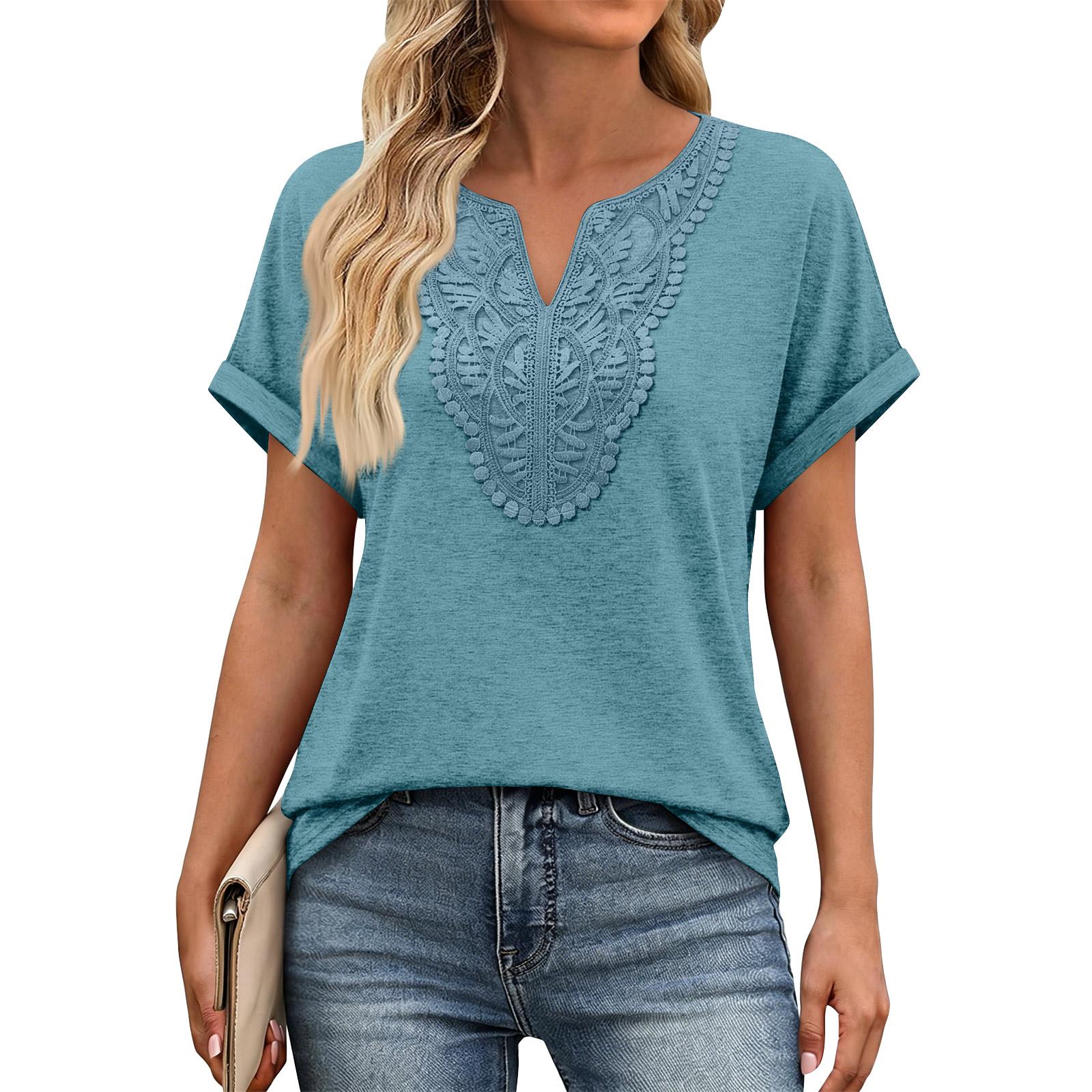 

Women V Neck Casual Short Sleeve Top Bohemian Style Embroidered Loose Fit Blouse Lightweight Summer Tunic Shirt for Daily Wear S синій