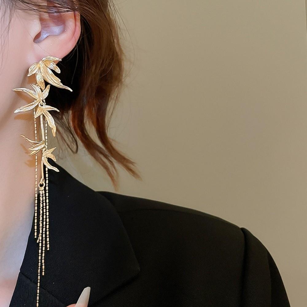 Chinese Ancient Style Bamboo Leaf Earrings Zinc Zinc Alloy Ear Jewelry Long Tassel Dangle Earrings Women