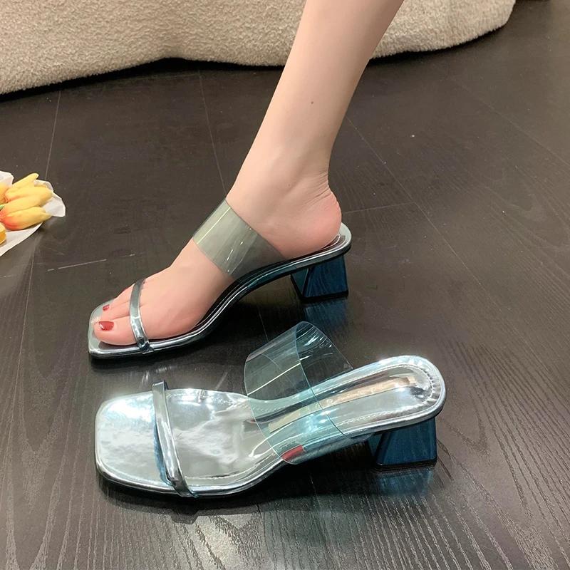 Sexy Women Slippers Slides Square High Heels Shoes Woman Mules Peep Toe Bling Shine Crystal Platform Slippers Zapatillas Mujer