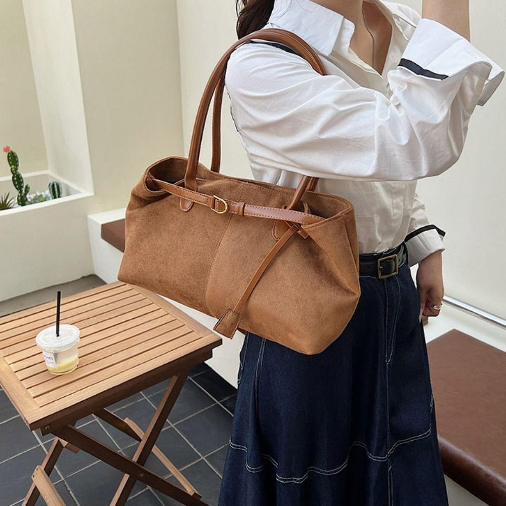 Fashi Korean Style Suede Shoulder Bag Tote Bag PU Leather Large Capacity Handbag Ethnic Style Solid Color Underarm Packs Women