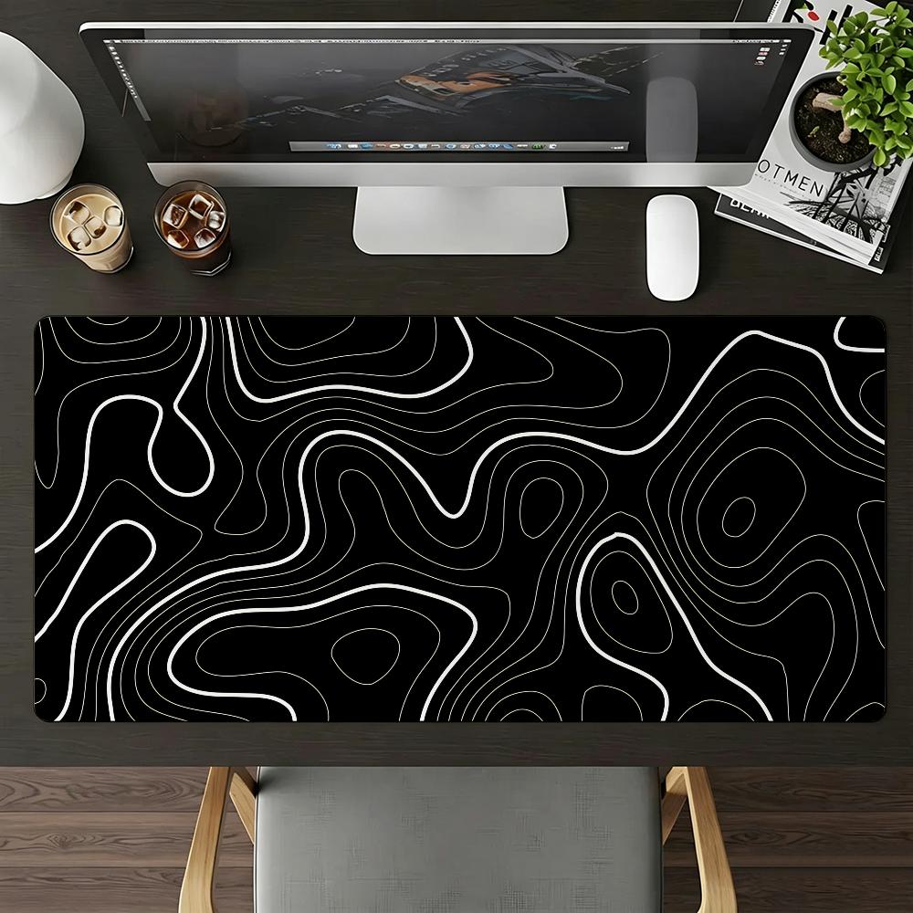 Black Abstract Terrain Mouse Pad Large Nonslip Waterproof Mat Stitched Edge Keyboard Pad For Gaming Daily Office