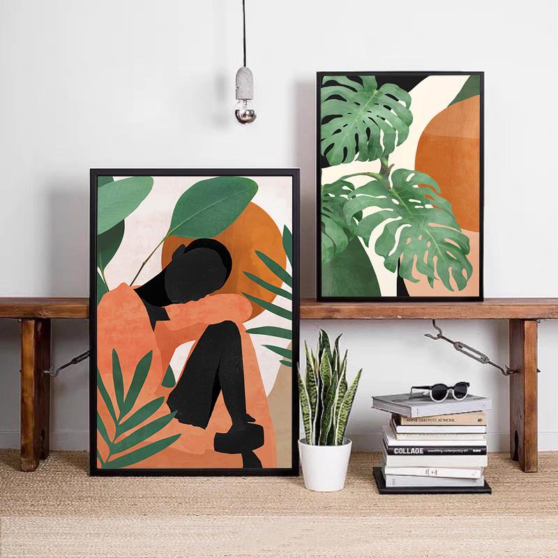 Abstract Nude Girl African Woman Monstera Leaves Poster Nordic Canvas Painting Wall Art Pictures Living Room Home Decor Modern