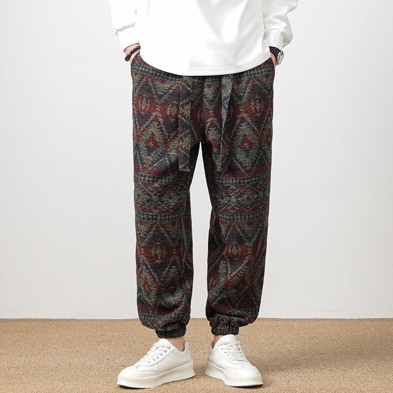 Spring and Autumn New Chinese Style Jacquard Retro Dirty Style Tweed Material Handsome Casual Foot Tying Pants