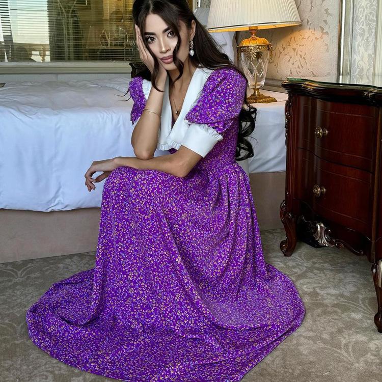 Women's Summer Casual Short Flutter Sleeve V Neck Dress Elegant Smocked Waist Tiered Boho Floral Print Flowy Maxi Dress for Women Long Dresses