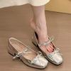 Red Evening Single Shoes French Coarse Heel Square Head Spring/Summer New Butterfly Knot Women's Shoes
