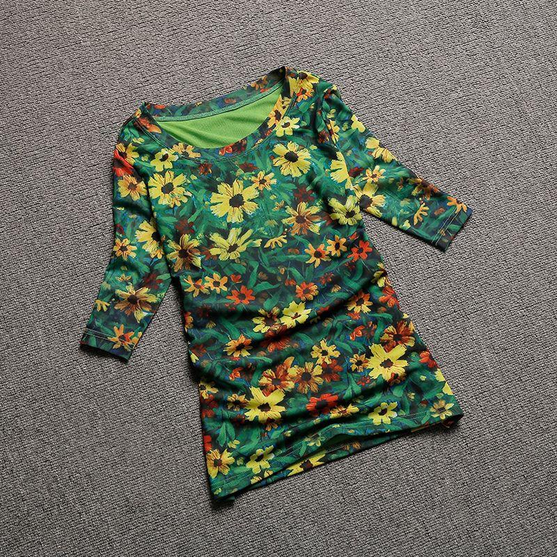 

Floral Half Sleeve Silm Mesh Lace Green T-Shirt Green M