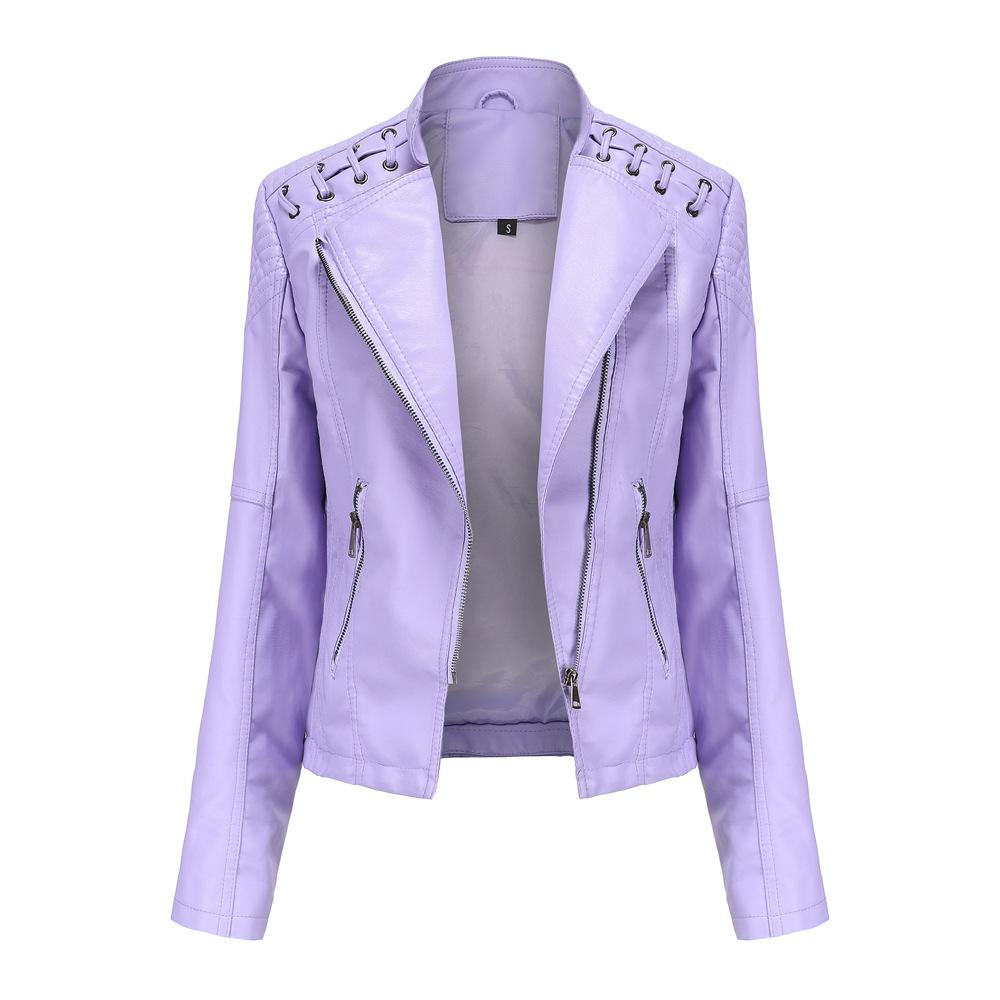 Women Fashion Lace-up Leather Jacket Slim Fit Spring Autumn Motorcycle Jacket Zipper Jacket