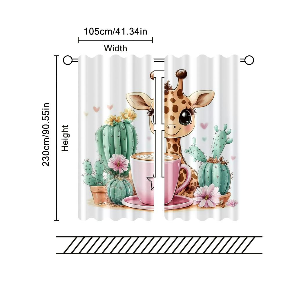 Filtering Curtains Excluding Rods Non Movable Without Batteries Cute Cartoon Giraffe Coffee Design Use Curtain Set Of 2 Made Polyester Washable