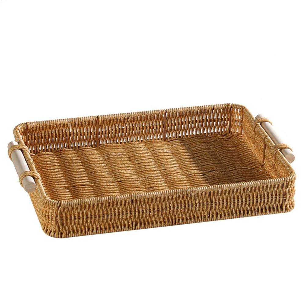 

[TAITENG] Rattan Storage Basket with Handle, Tray, for Small Item Storage, Snacks, Fruits, Tabletop Storage, Small Organizer, Washable, Yellow