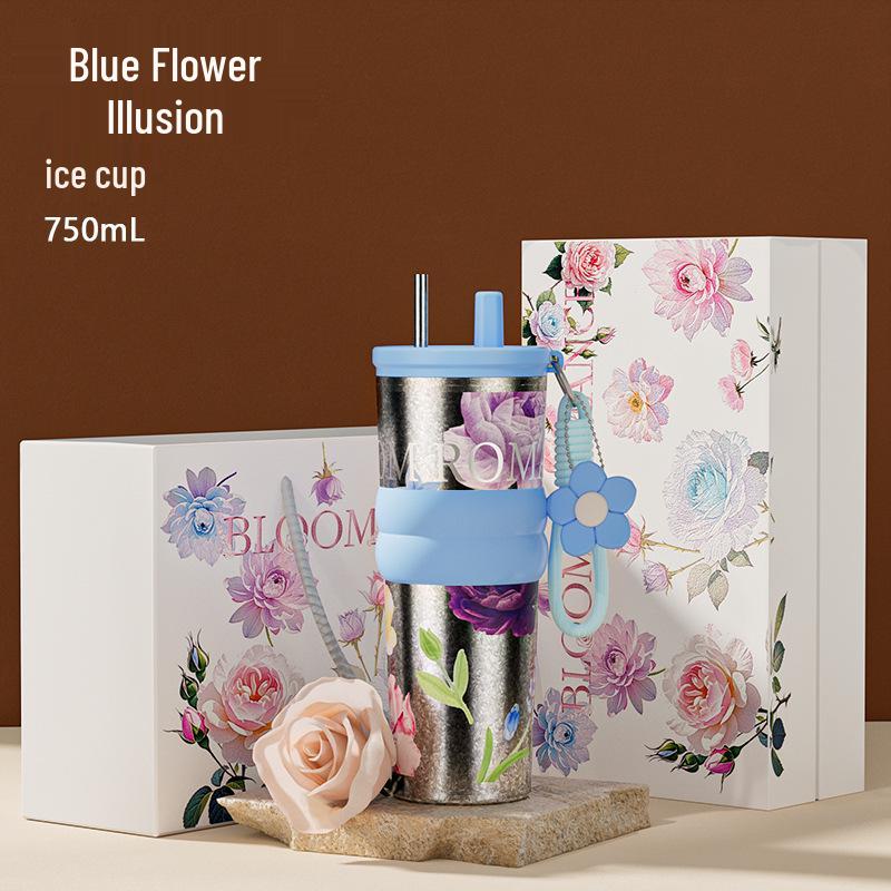 High-Value Floral Titanium Insulated Cup with Straw 750 ml