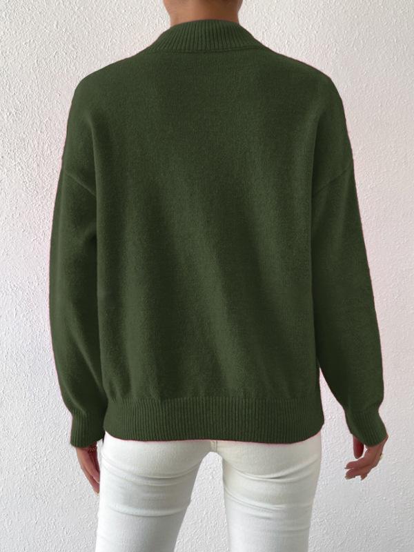 Women's Solid Color Loose Knit Sweater - Half-High Neck, Long Sleeve, Autumn/Winter Fashion.