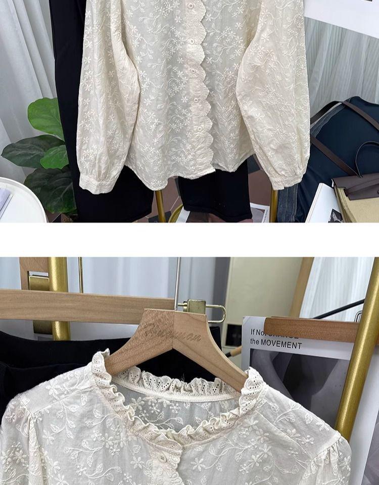 Damen Baumwollhemd mit langen Ärmeln, hoher Qualität, mit Spitzenkragen und Stickerei - Koreanischer Stil für Frühling & Herbst