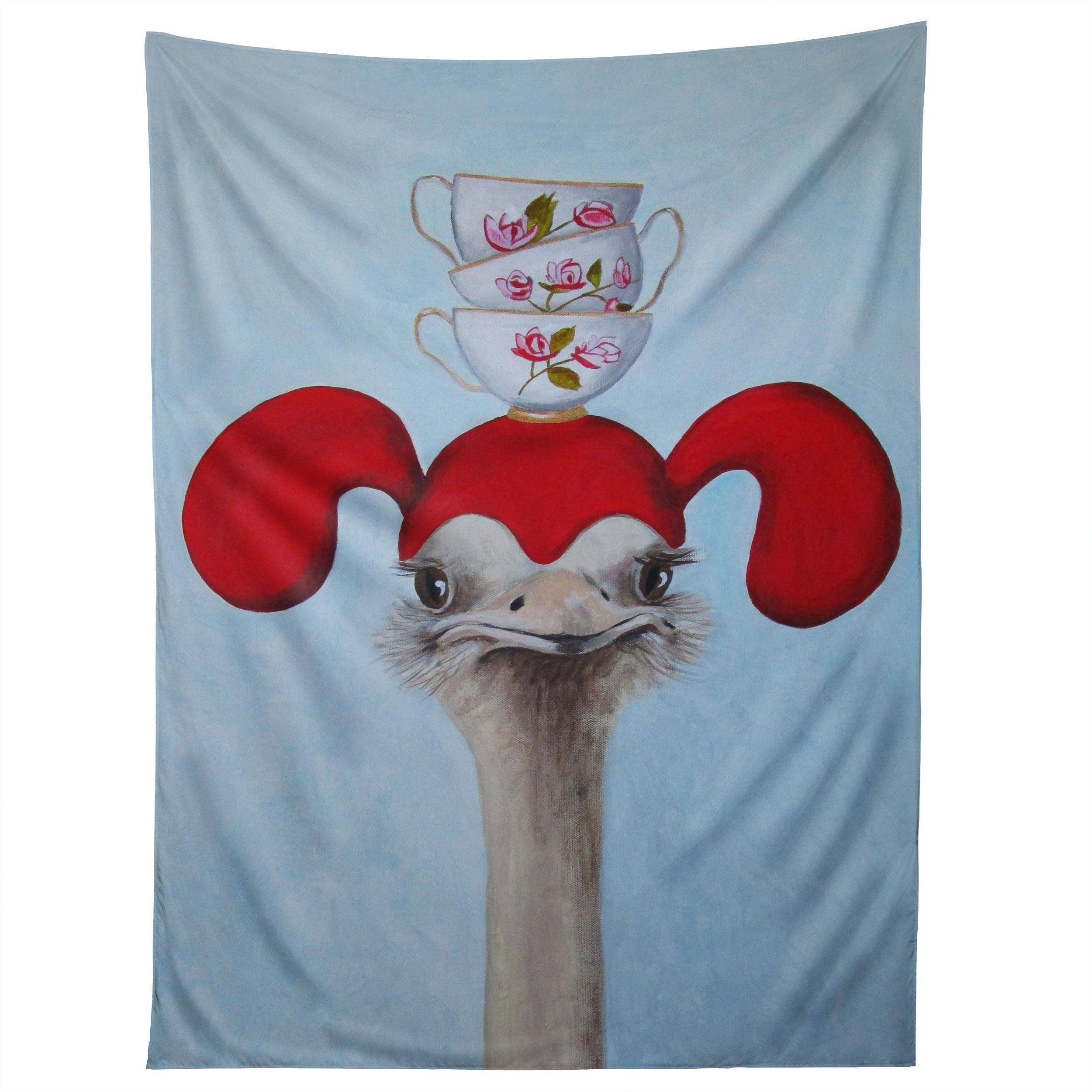 FUNNY OSTRICH WITH STACKING TEACUPS tapestry 75x100