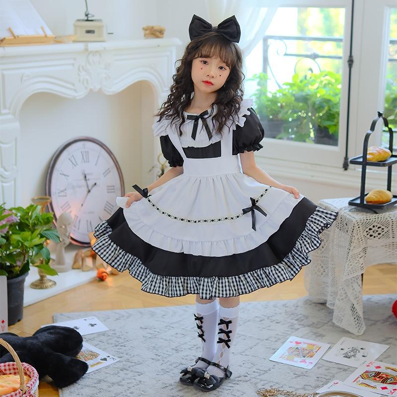 Black and White Plaid Long Sleeve Maid Dress Alice Lori Lolita Princess Dress Children's Dress Girls Lolita Performance Dress