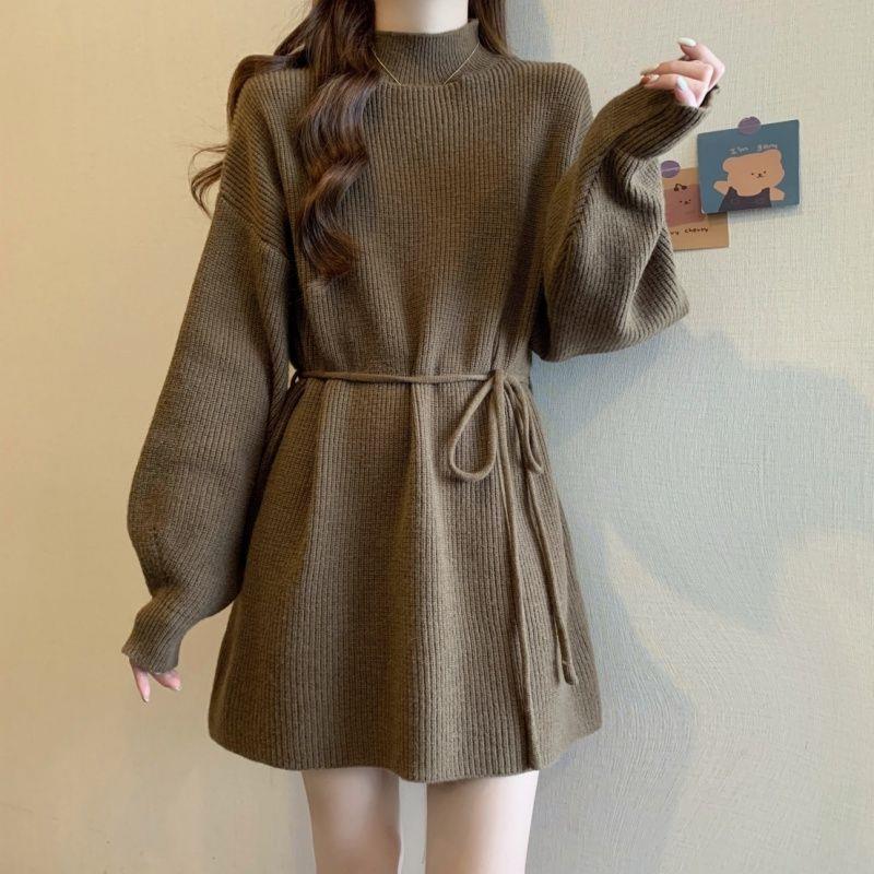 Plus Size Women's High Neck Knit Dress: Waist-Cinching Slimming Base Layer for Autumn/Winter
