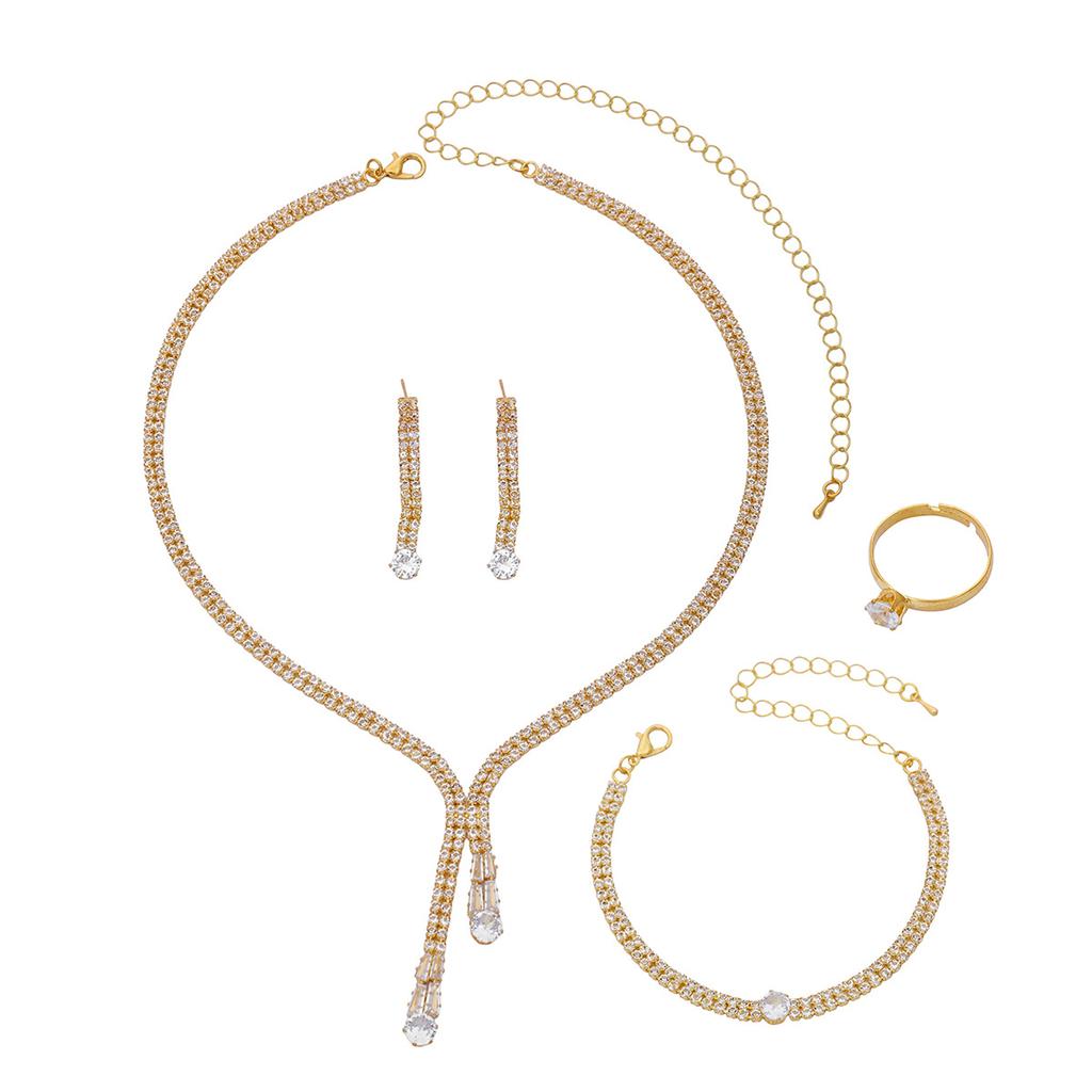 2026 Four-piece Set of Simple Collarbone Chain Exquisite Claw Chain Round Zircon Crystal Earrings Necklace Bracelet Ring