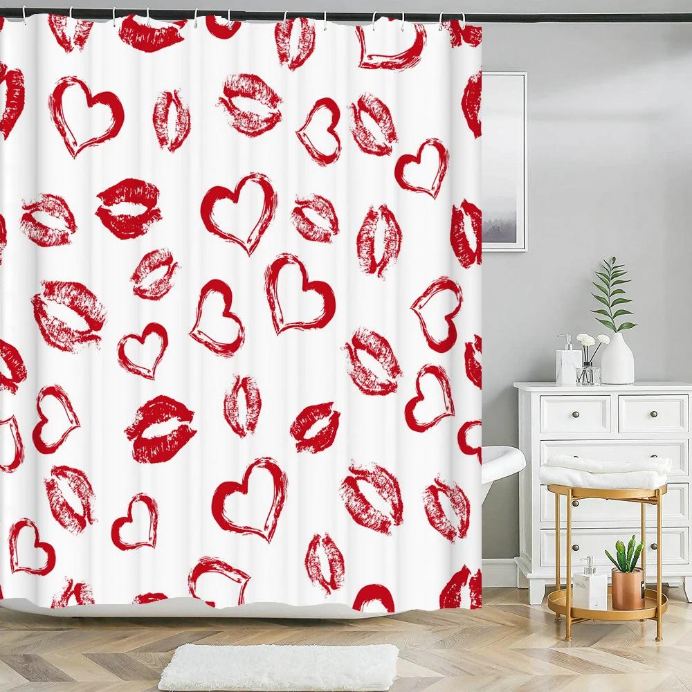 Love Heart Shower Curtain Romantic Red Pink Sexy Lips Waterproof Print Heart Pattern Bathroom Bathtud Decor Fabric With Hooks