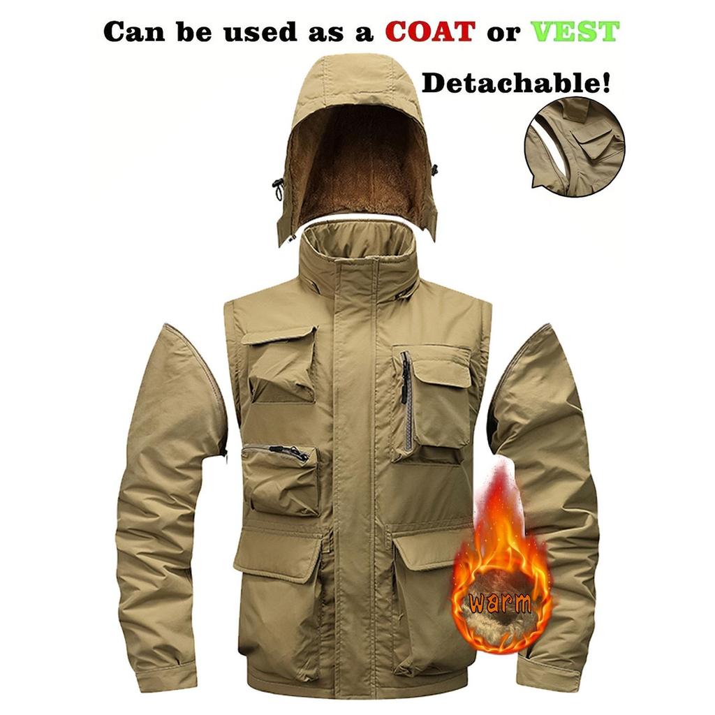 Herren Einfarbig Abnehmbar Outdoor Arbeitskleidung Lässig Locker Reißverschlusstasche Plüsch Langarmjacke