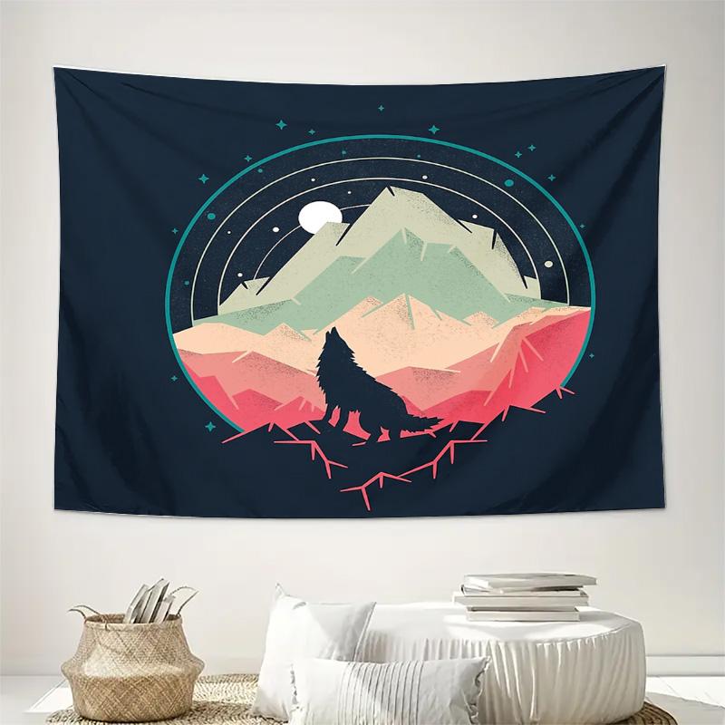 Wolf Mountain Tapestry Forest Animals Nature Wall Hanging Psychedelic Home Decor Bohemian Hippie Room Aesthetic Tapestry