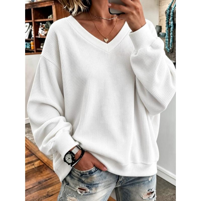 Women S Waffle Knit V Neck Long Sleeve Loose Casual Sweatshirt