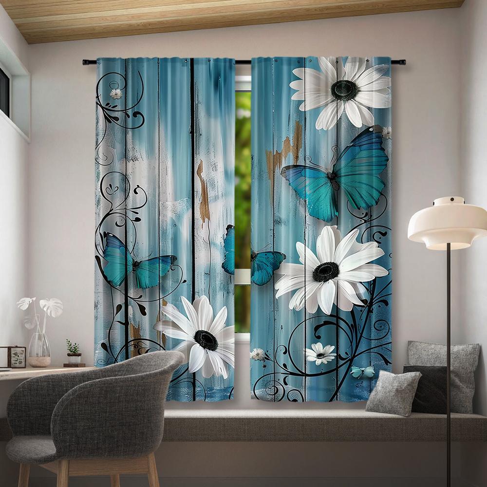 2pcs Rod Pocket Semi-Sheer Curtains - Polyester Pongee Floral and Butterfly Pattern - Modern Roller Embossed Drapes for Bedroom