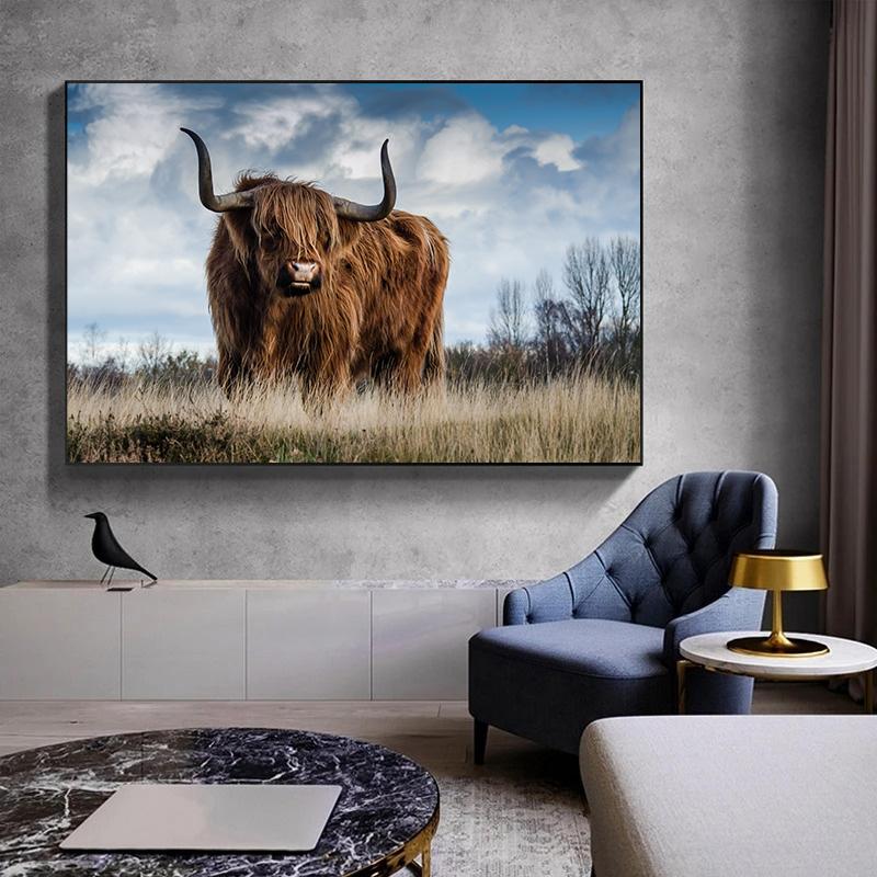 Animal Highland Cow Scottish Highland Cow Buffalo Cattle Art Posters Canvas Painting Wall Prints Pictures Living Room Home Decor