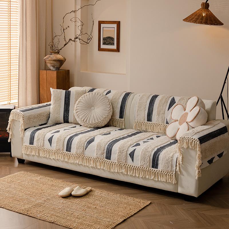 Simple Geometric Fringed Lace Four-Season Sofa Cushion, Living Room Cover All-Inclusive Universal Cover  New Sofa Cushion