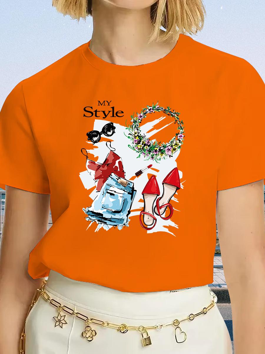 

Женская футболка с коротким рукавом и стильными брюками, графический принт с помадой и сумкой – мягкий топ с круглым вырезом, повседневный, летний и весенний S