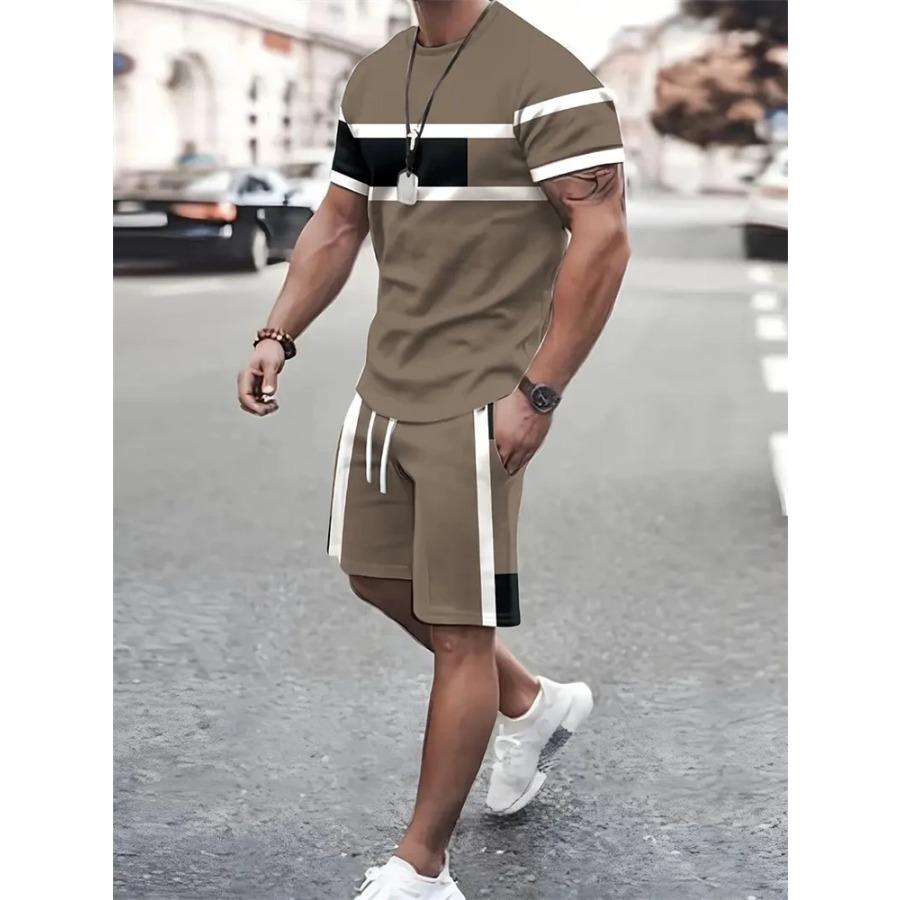 Plus Size Gradient Color Short Sleeve Shorts Set Men's Sports T-shirt Drawstring Shorts 2-piece Set Breathable T Shirt For Man