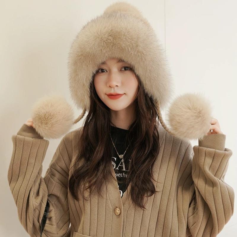 New Winter Warm Mink Hair Woven Fox Hair Ear Protection Fur Hat Female Cute Real Hair Ball Snow Hat