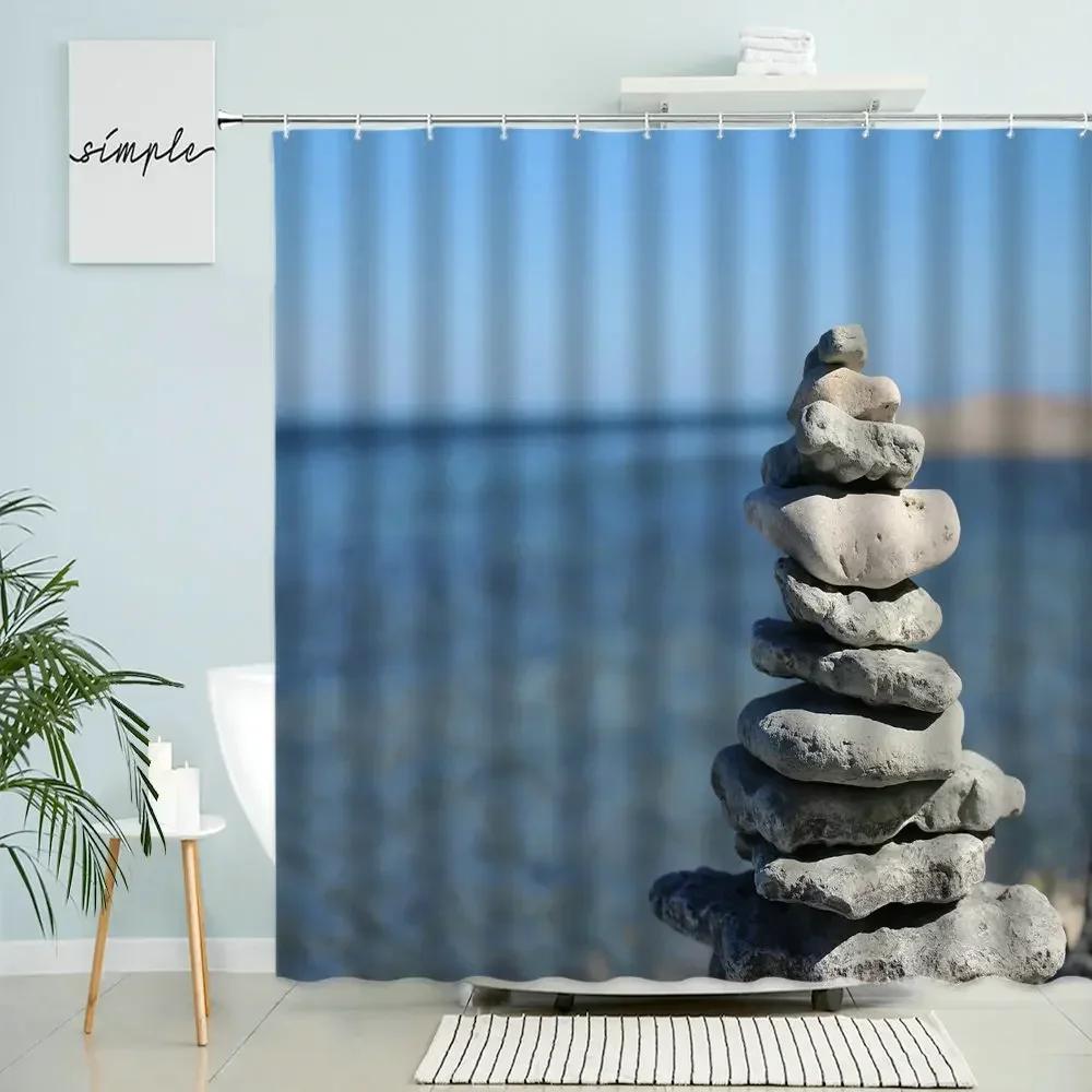 Zen Landscape Shower Curtain Natural Scenery Bathroom Decor Stone Rock Waterfall Beach Boho Polyester Screen With Hooks Washable