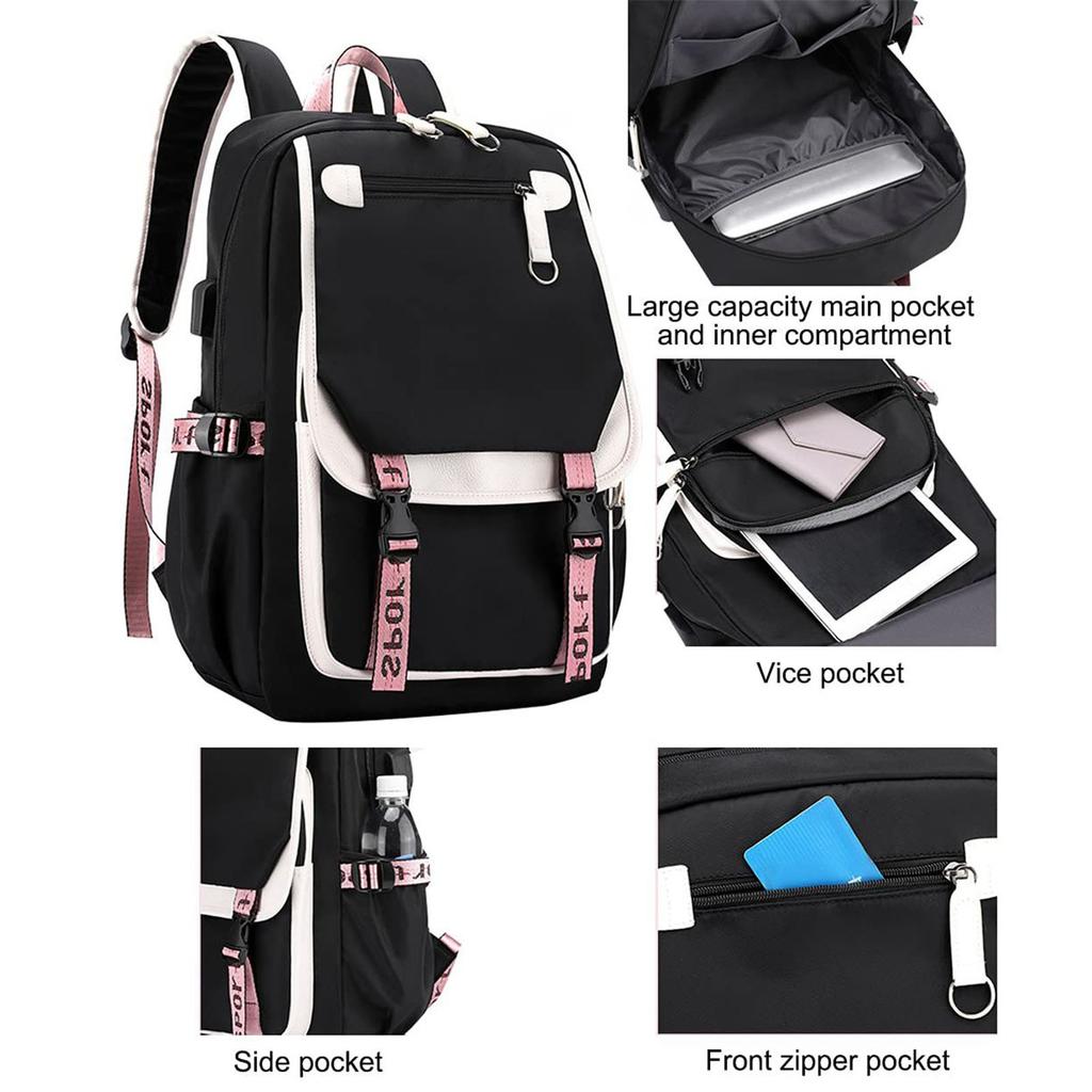 Movie Peripheral Print Backpack, School Bag Student Campus With Plush Ball Backpack With USB Port