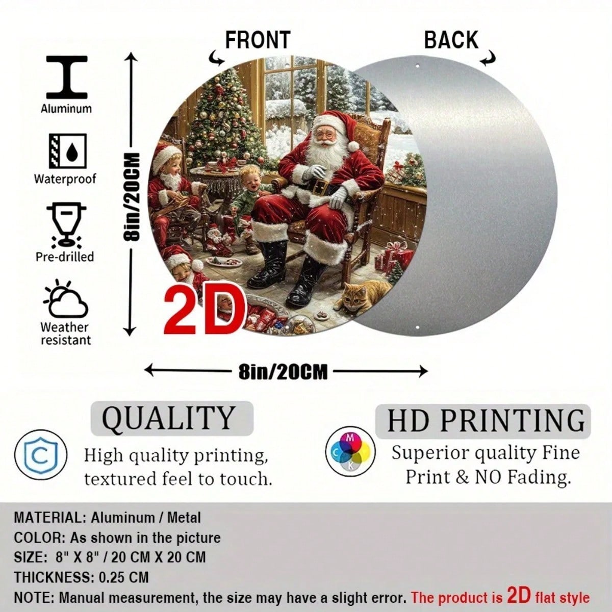 

1pc 2D Flat Round Aluminum Sign Santa Claus Metal Decor for Home Bar Kitchen Coffee Shop Office Christmas Gift 20x20 різнокольоровий