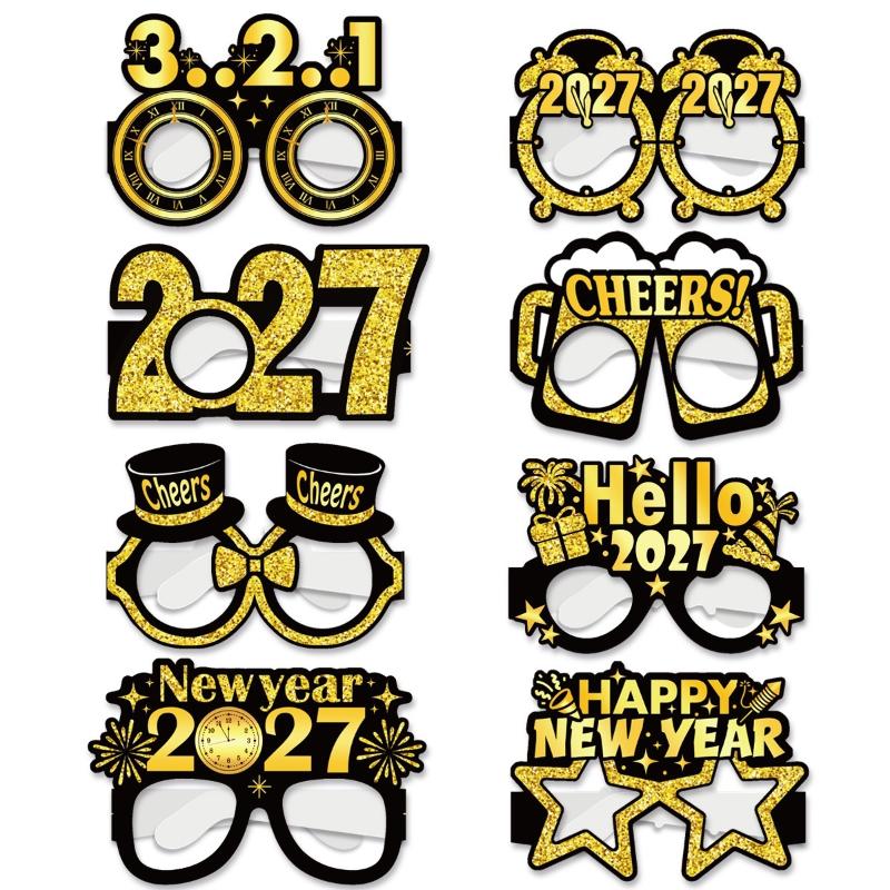 8 Pcs 2027 Happy New Year Party Paper Glasses Black Gold Birthday Party Decoration Photo Prop