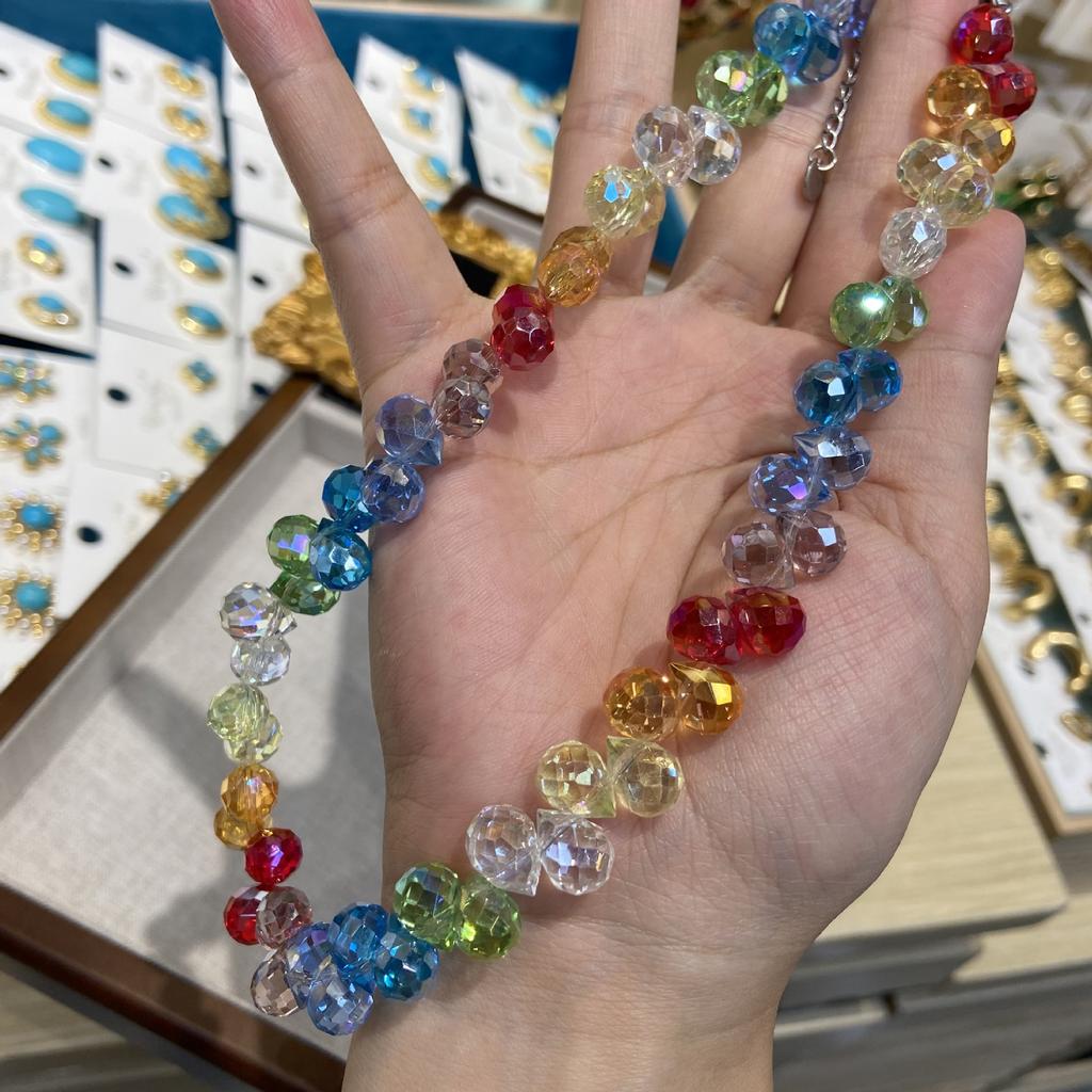 Color Transparent Horizontal Hole Water Drop Crystal Beaded Necklace Light Luxury Jewelry Cute Sweet Girl Colored Beaded Neck Chain
