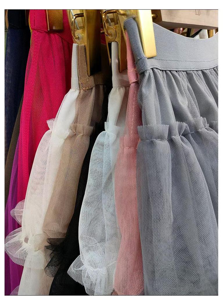Women's High-Waist Ruffled A-Line Skirt with Mesh Overlay and Safety Lining
