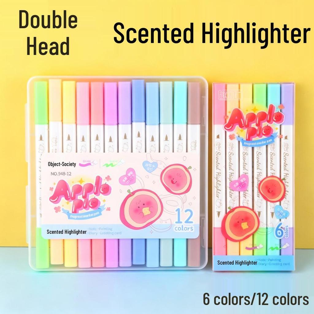 Fruit-Scented Double-Ended Fluorescent Pen Set - 6-Color Highlighters & 12-Color Markers for Notes and Drawing