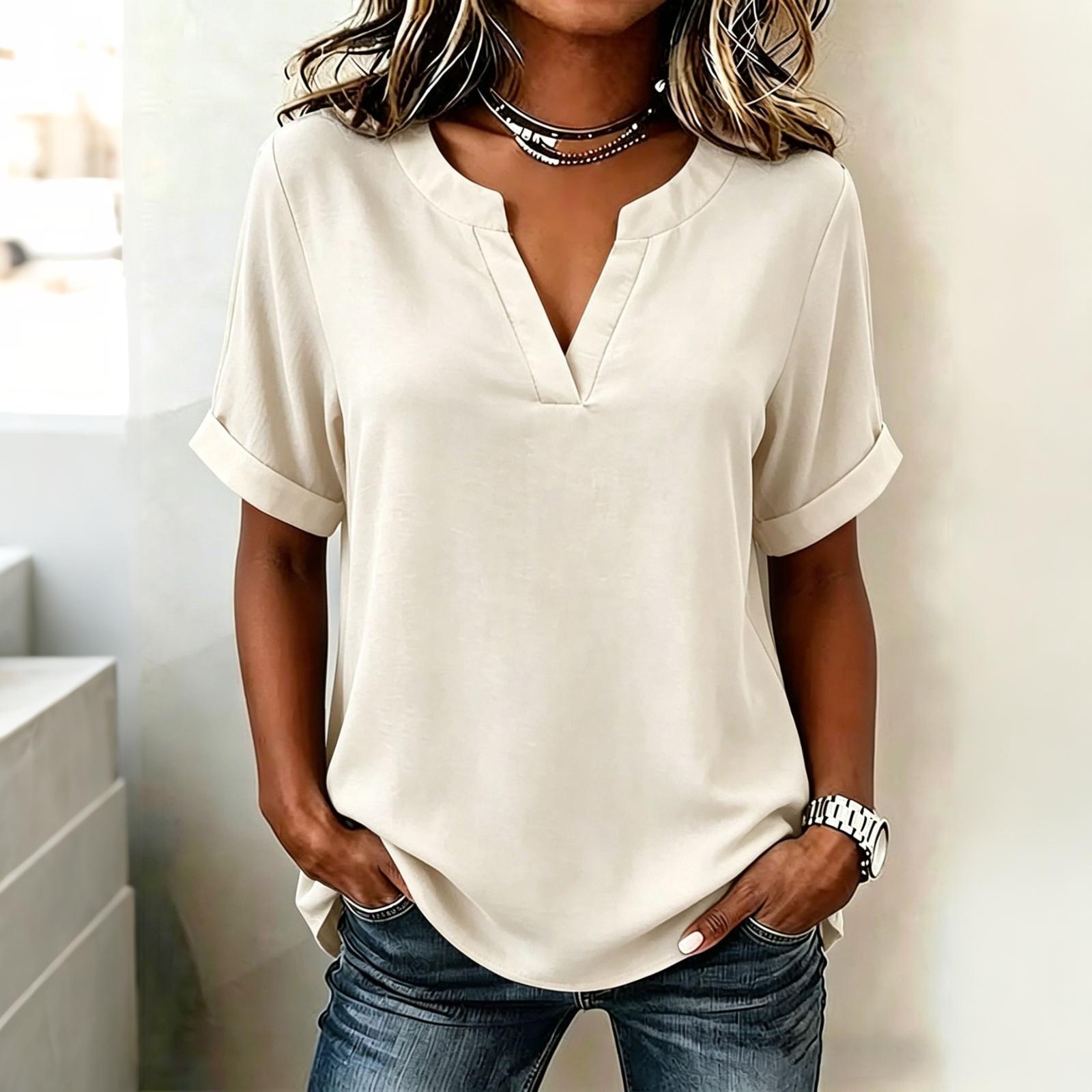 

Women V Neck Short Sleeve Casual Blouse Lightweight Loose Fit Tunic Top with Roll Up Sleeve Design for Everyday Wear XXL бежевый