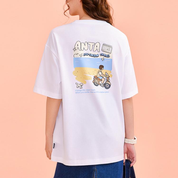 Anta Printed Letter Round Neck Loose Short Sleeve T-Shirt Unisex Tops White 962328122-1